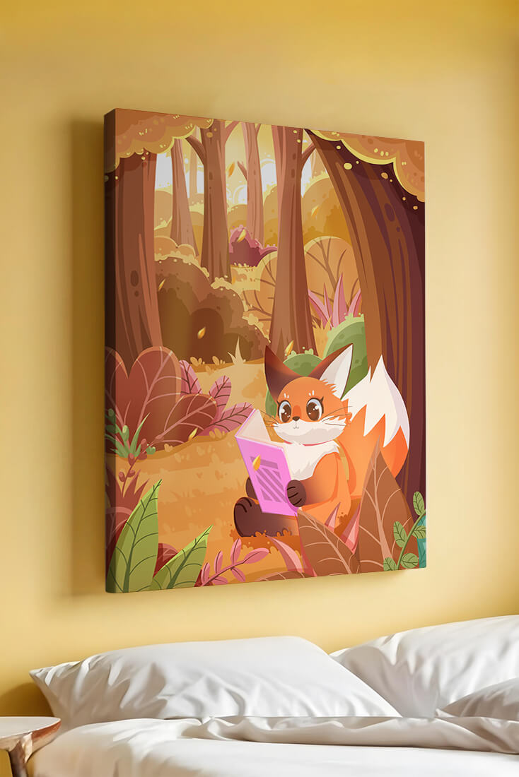 Fox reading a book in a whimsical autumn forest