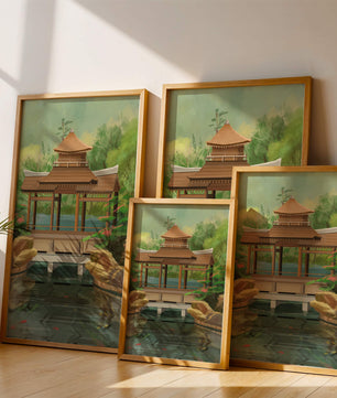Traditional Japanese Garden Pavilion with Scenic Pond and Lush Greenery