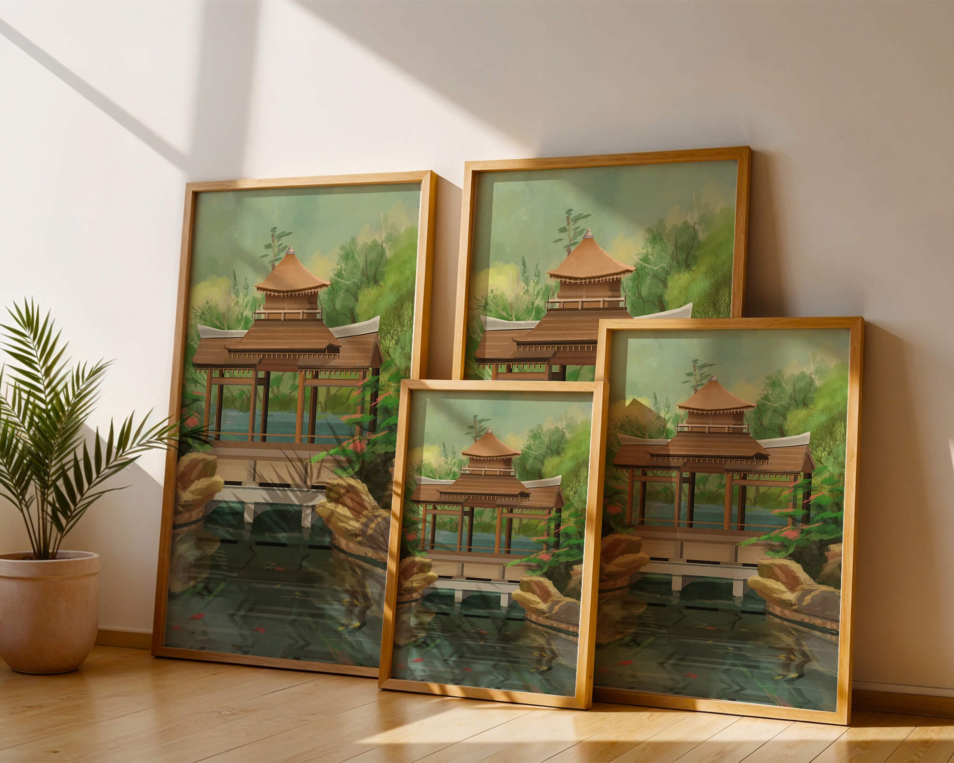 Traditional Japanese Garden Pavilion with Scenic Pond and Lush Greenery