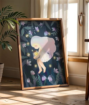 Illustration d'une fille avec un bocal lumineux dans un jardin au clair de lune