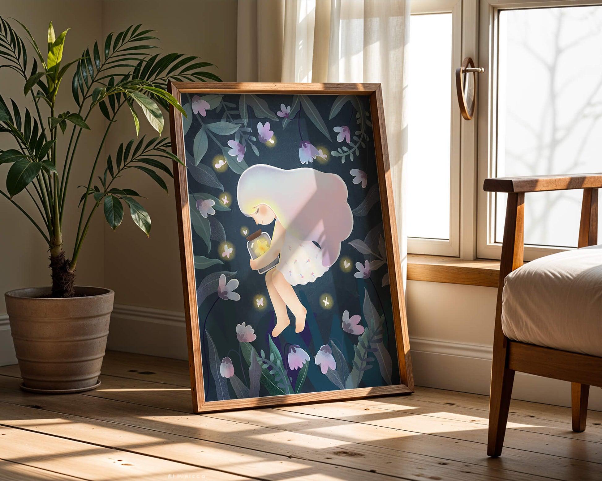Illustration of a girl with glowing jar in moonlit garden