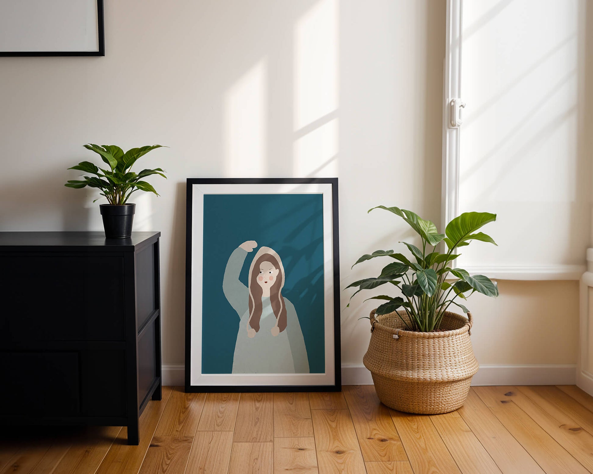 Illustrated girl with hoodie on teal background