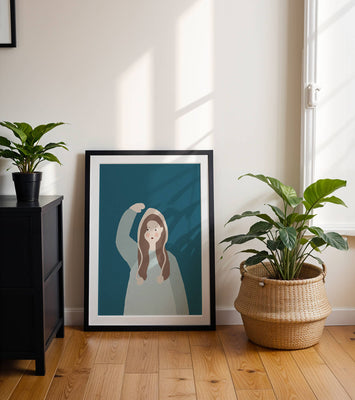 Illustrated girl with hoodie on teal background