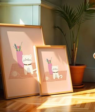 Illustration of a cute white cat with a pink vase and yarn ball on a pastel background