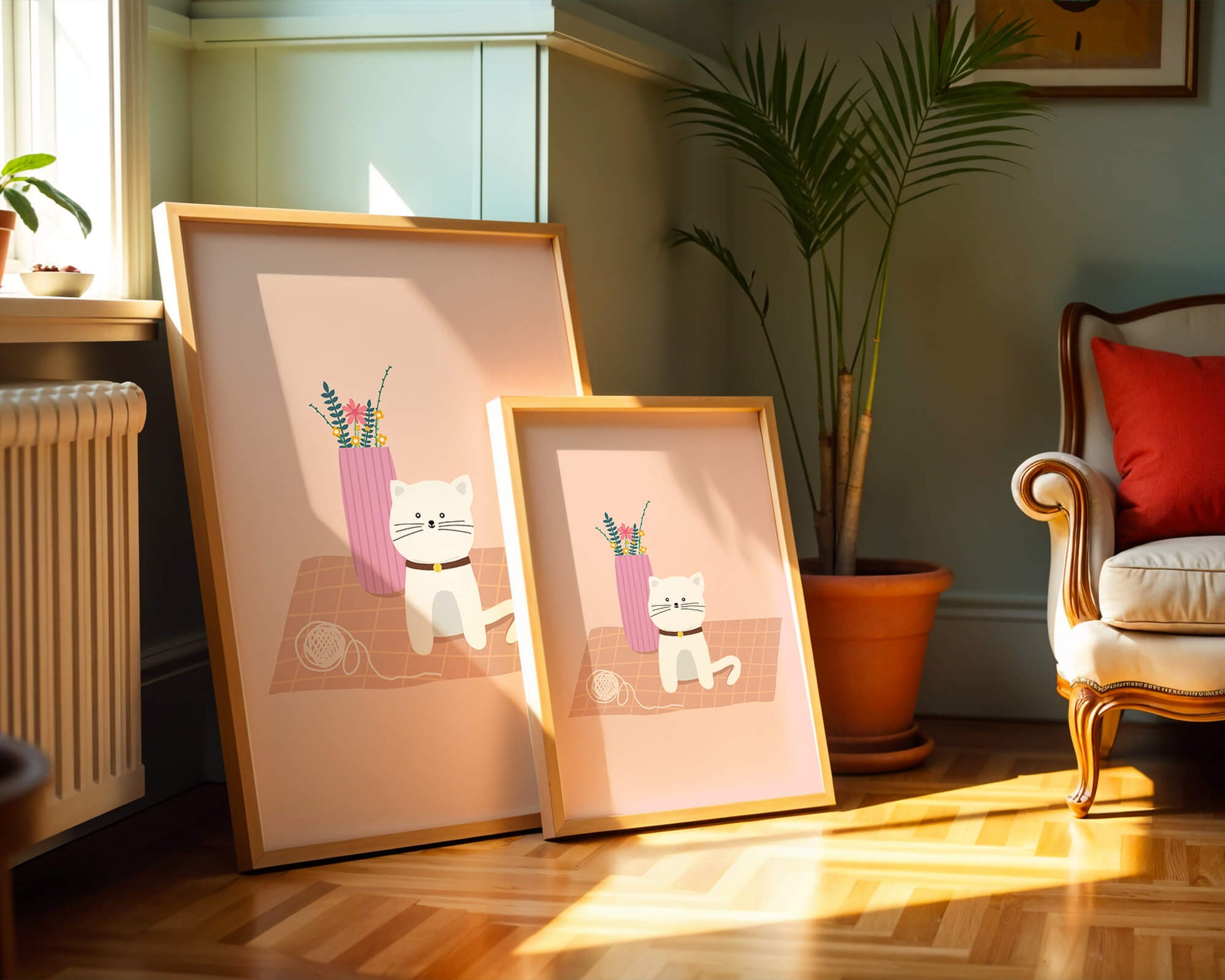 Illustration of a cute white cat with a pink vase and yarn ball on a pastel background