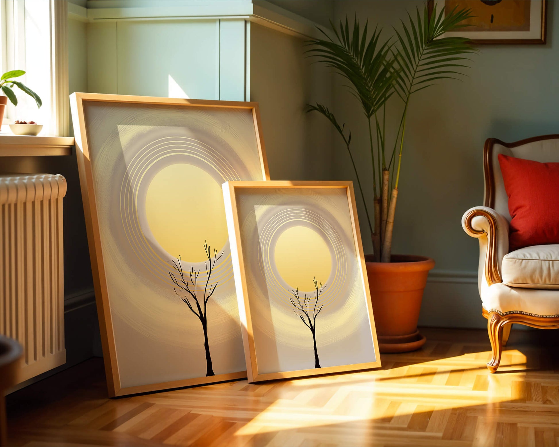 Silueta estilizada de un árbol con círculos concéntricos y un sol grande