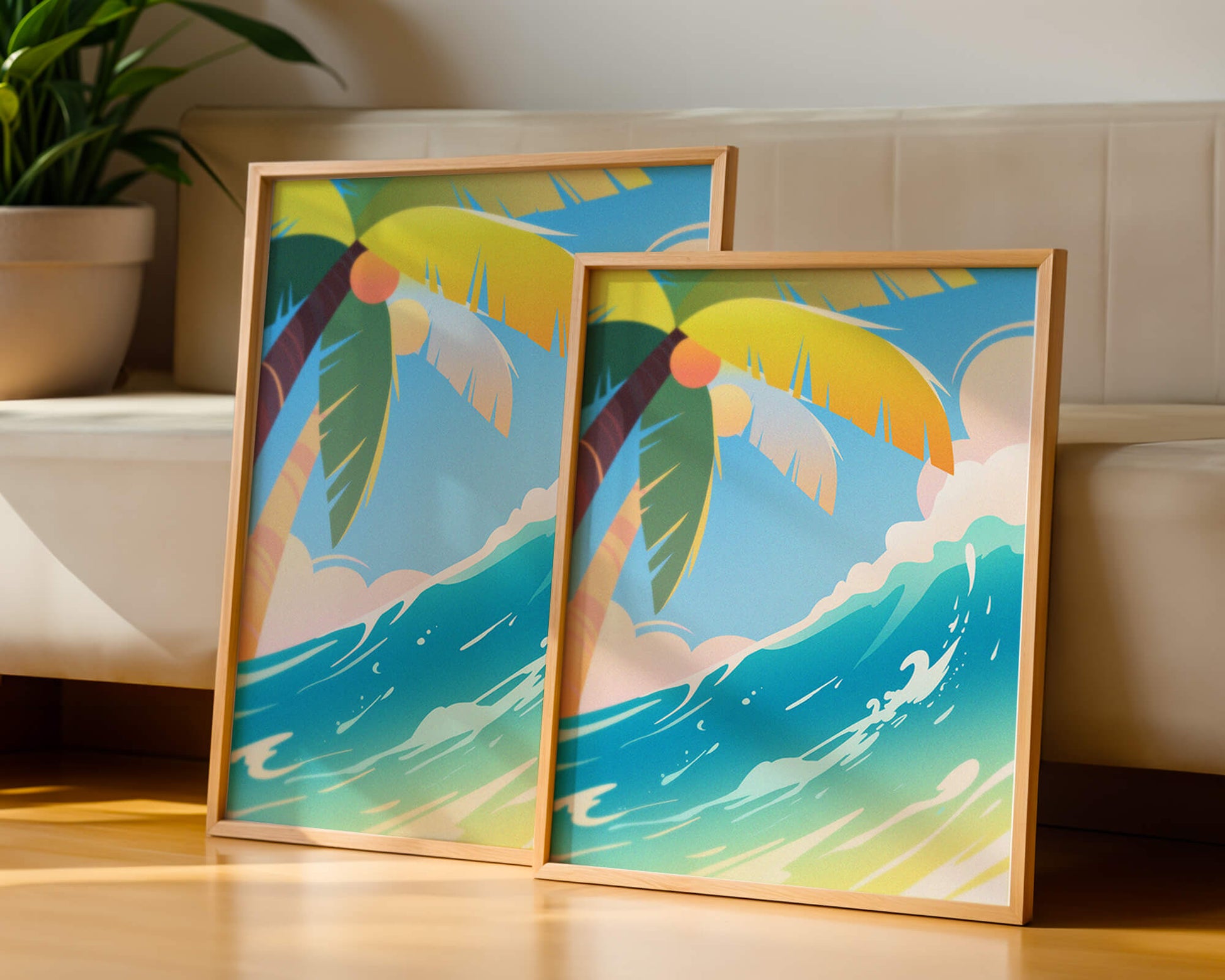 Escena vibrante de playa tropical con palmera y ola del océano