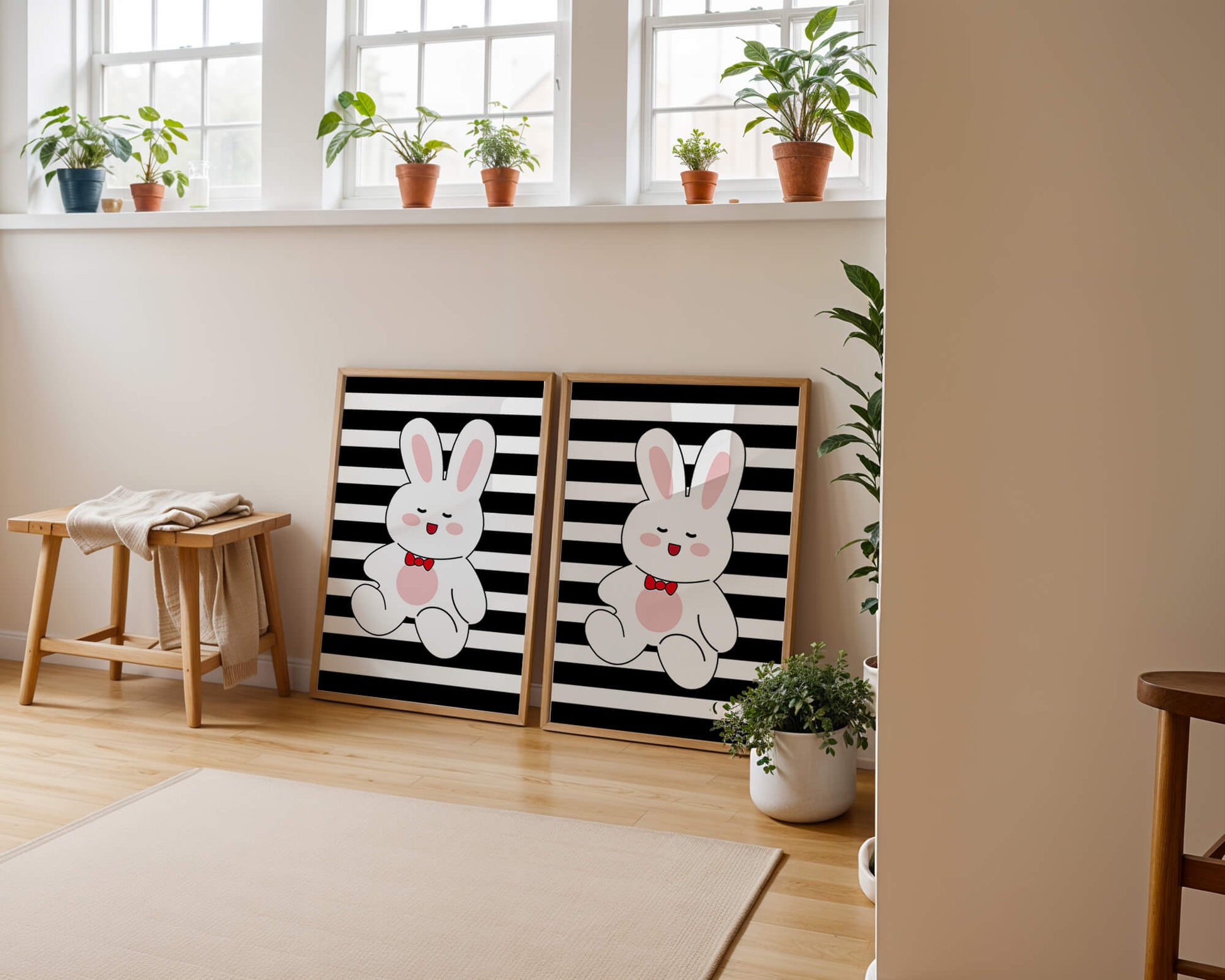 Adorable cartoon bunny with bold stripes and a red bow tie