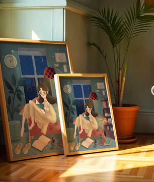 Cozy Nighttime Reading in a Living Room with Moonlit Window
