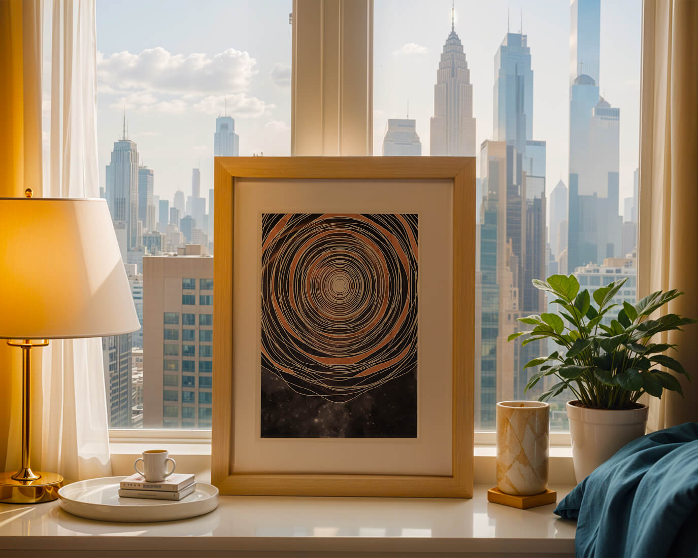 Abstract cosmic spiral with concentric oval patterns and starry background