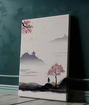 Paisaje sereno con árbol de cerezo y pagodas distantes