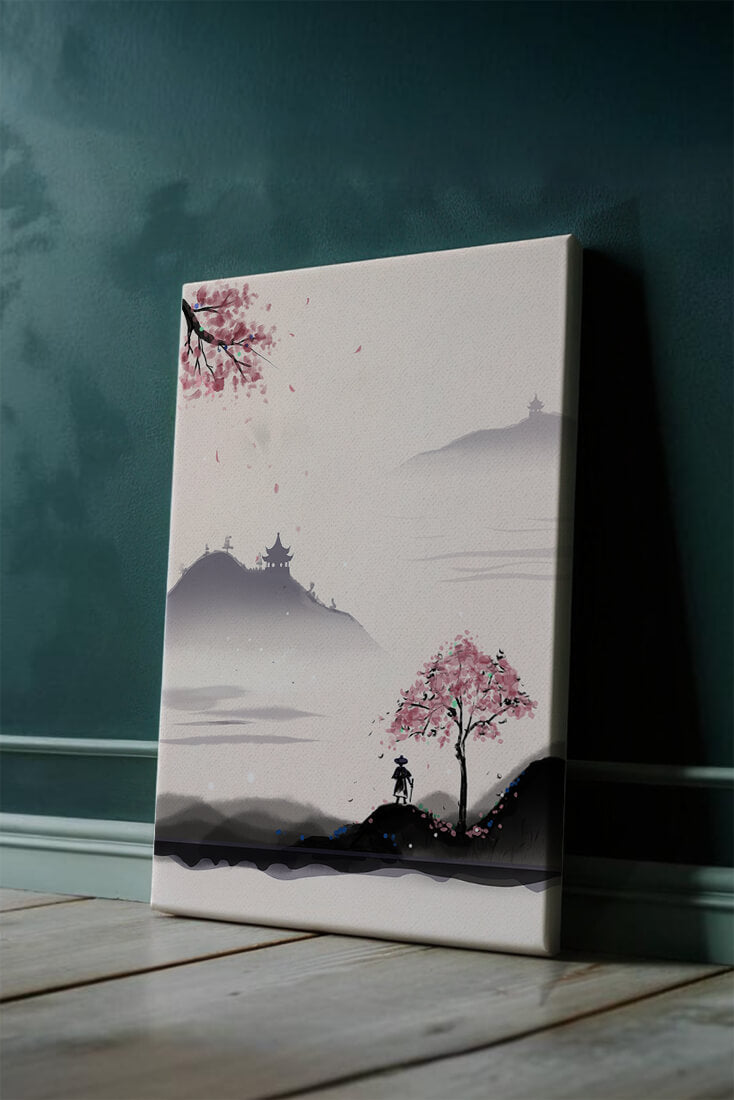 Paisaje sereno con árbol de cerezo y pagodas distantes