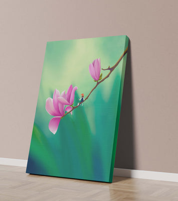 Serene illustration of magnolia flowers with a small figure in a hat