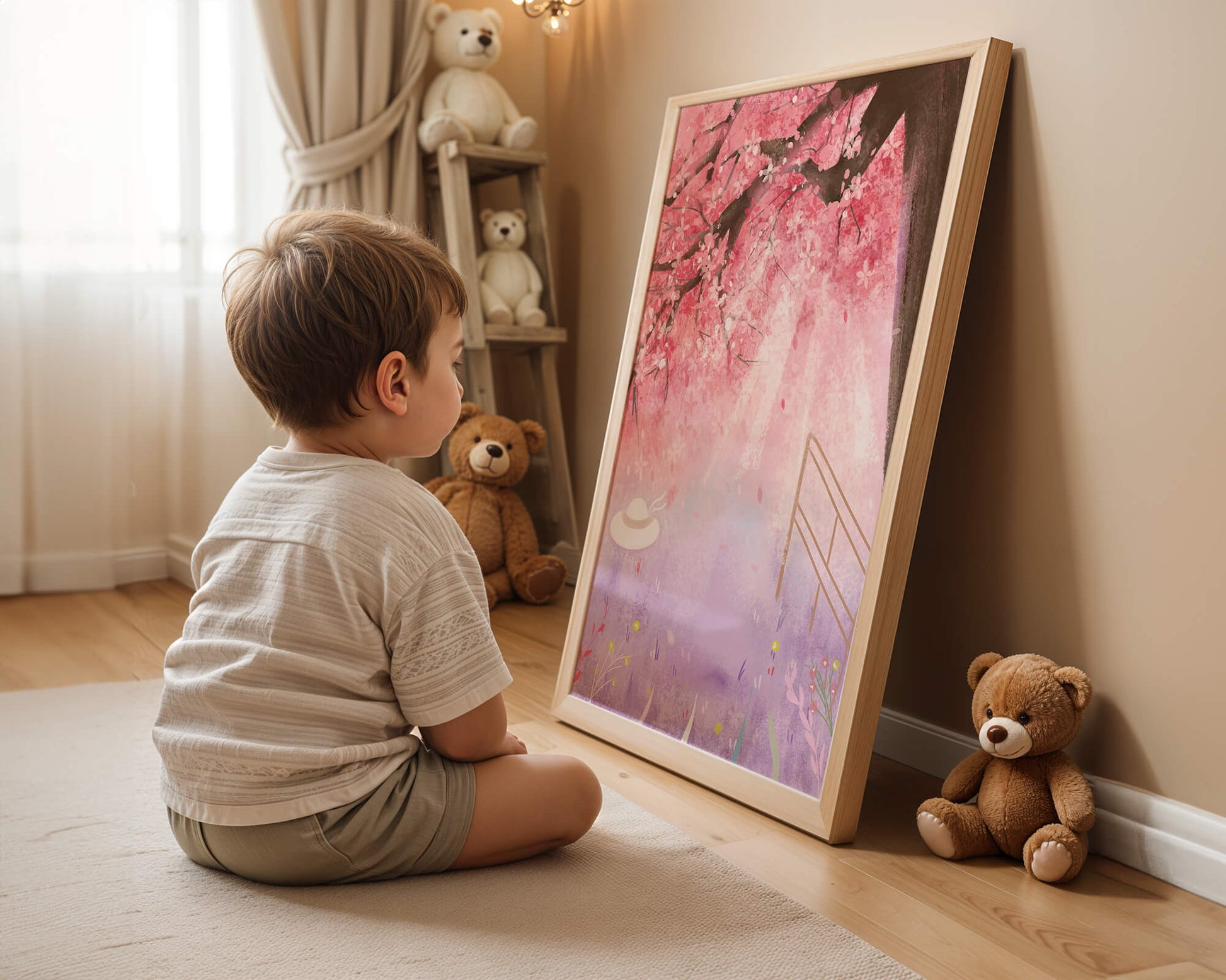 Cherry Blossom Garden with Spring Flowers and Sunlight