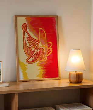 Abstract banana art with vibrant red and orange hues