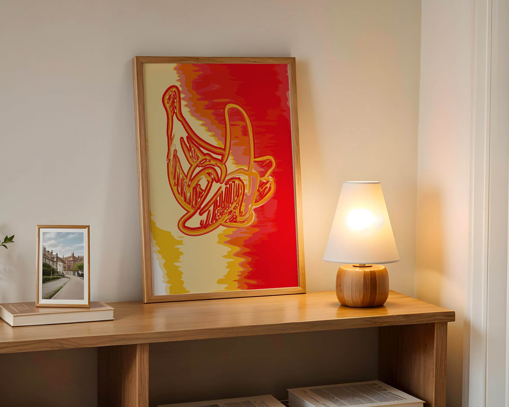 Abstract banana art with vibrant red and orange hues