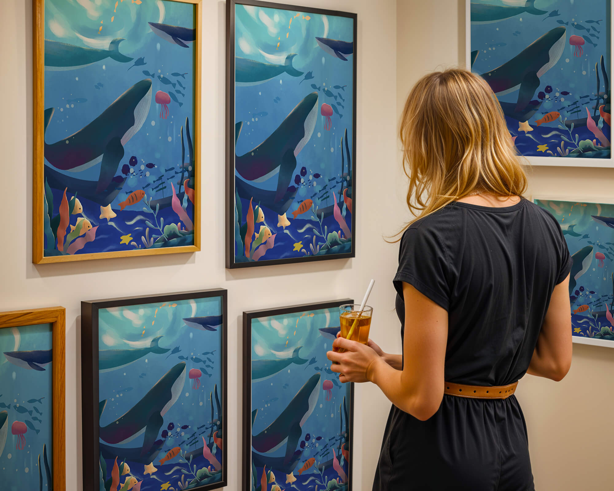 Underwater scene with whales, fish, and coral reef