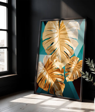 Blätter der Goldenen Monstera auf geometrischem Hintergrund