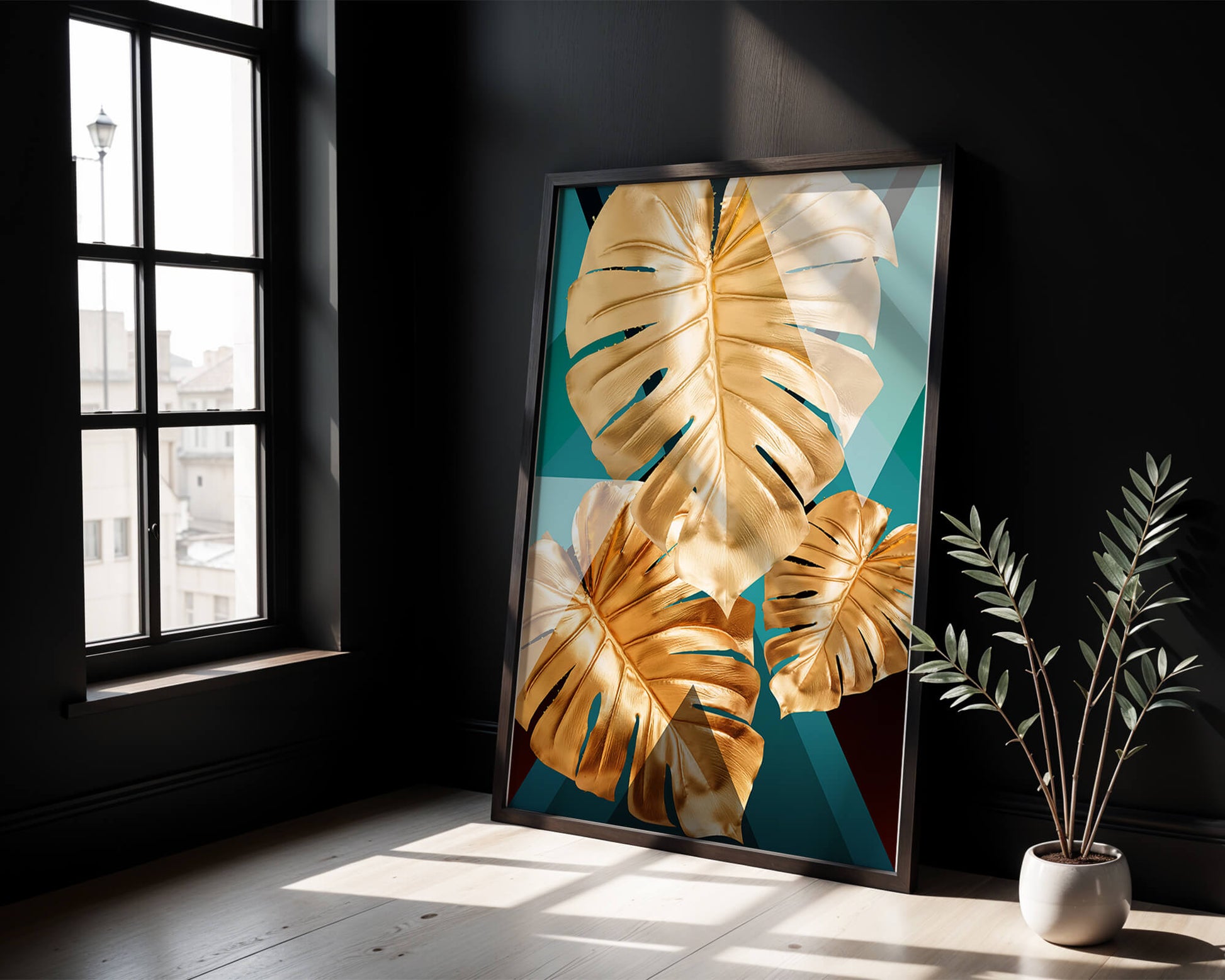 Hojas de monstera doradas sobre fondo geométrico