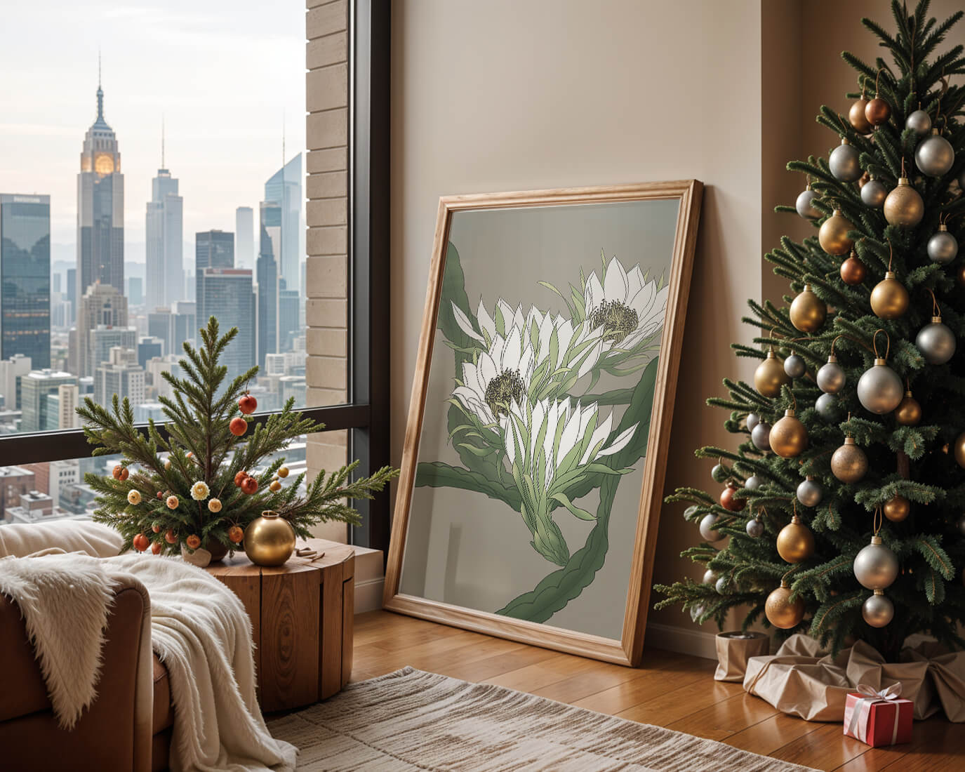 Beautiful botanical illustration of white blooming flowers with green leaves