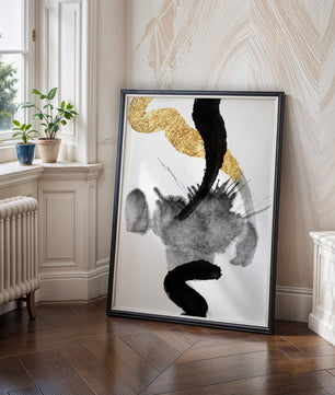 Abstract black and gold brushstrokes with textured patterns
