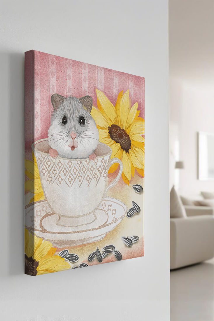 Adorable hamster in teacup with sunflowers and seeds
