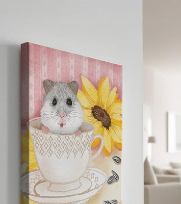 Adorable hamster in teacup with sunflowers and seeds