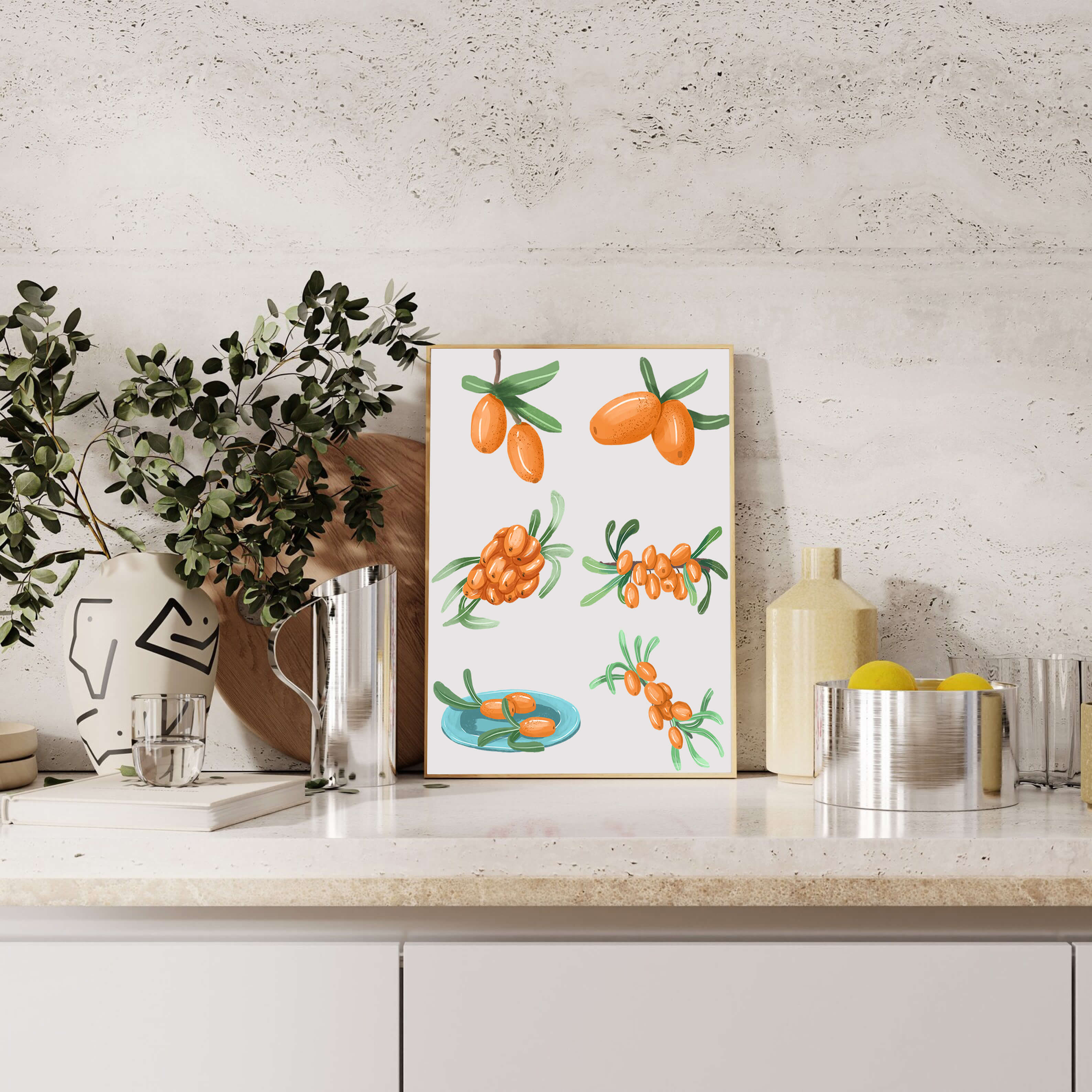 Illustrations of seabuckthorn berries with green leaves