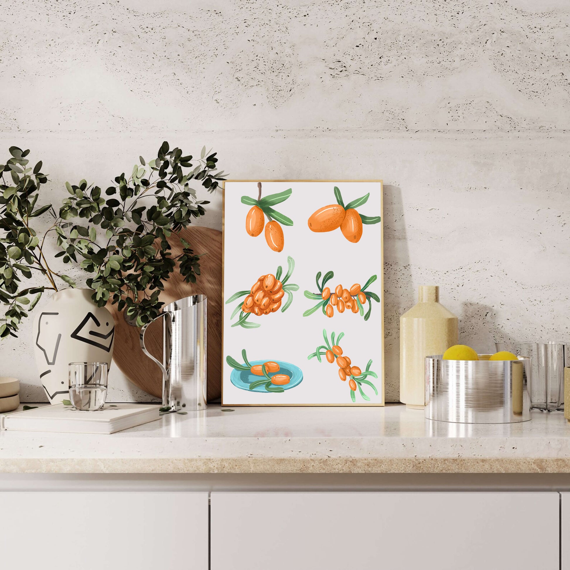 Illustrations of seabuckthorn berries with green leaves