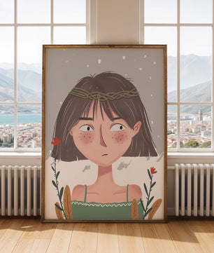 Illustrated girl with a braided crown, floral accents, and expressive features