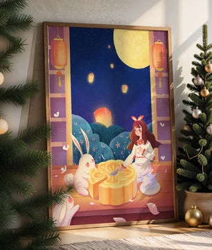 Moonlit Night with Lanterns and Tea Ceremony Featuring Rabbits and Mooncakes