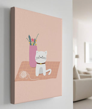 Illustration of a cute white cat with a pink vase and yarn ball on a pastel background