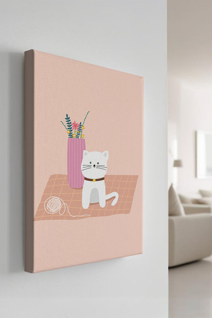 Illustration of a cute white cat with a pink vase and yarn ball on a pastel background
