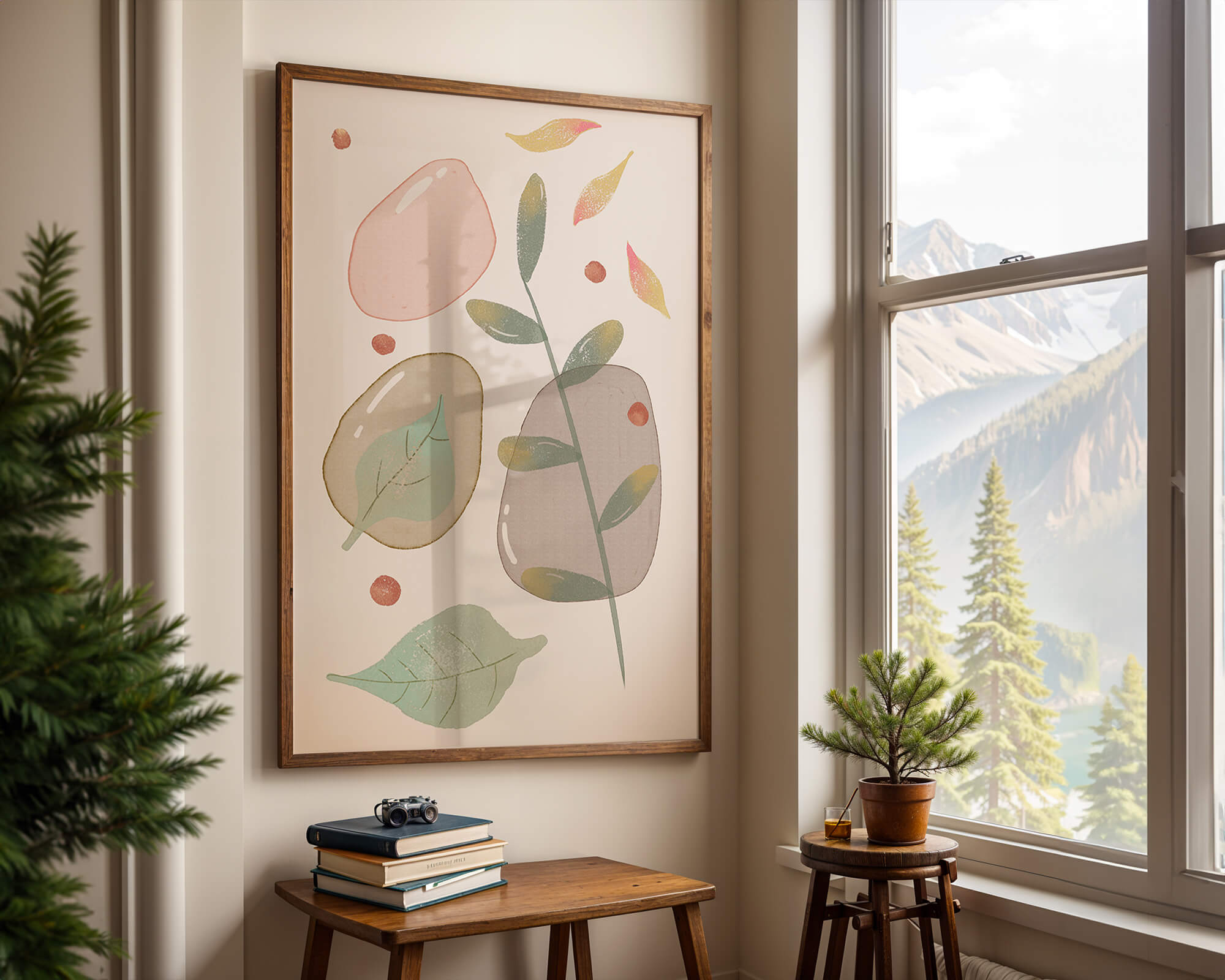Abstract botanical illustration with pastel colored leaves and shapes