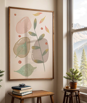 Abstract botanical illustration with pastel colored leaves and shapes