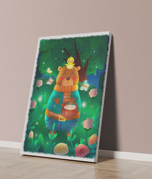 Charming bear in a colorful garden with flowers and fireflies
