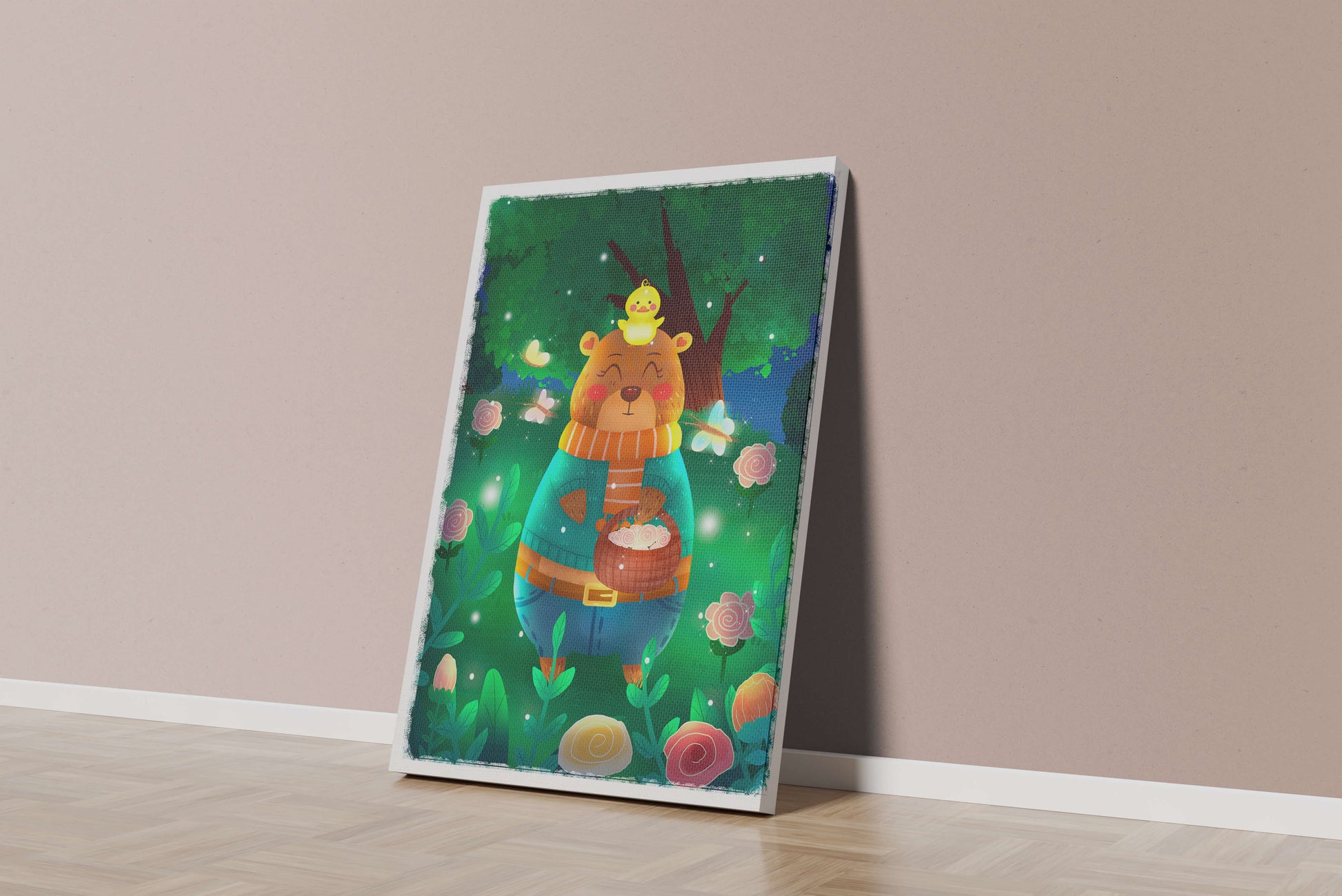 Charming bear in a colorful garden with flowers and fireflies