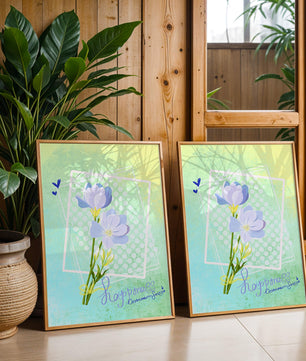 Ilustración floral delicada con colores pastel y lunares