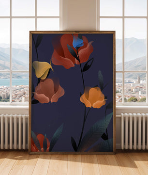 Abstract Floral Illustration with Colorful Flowers on Dark Background