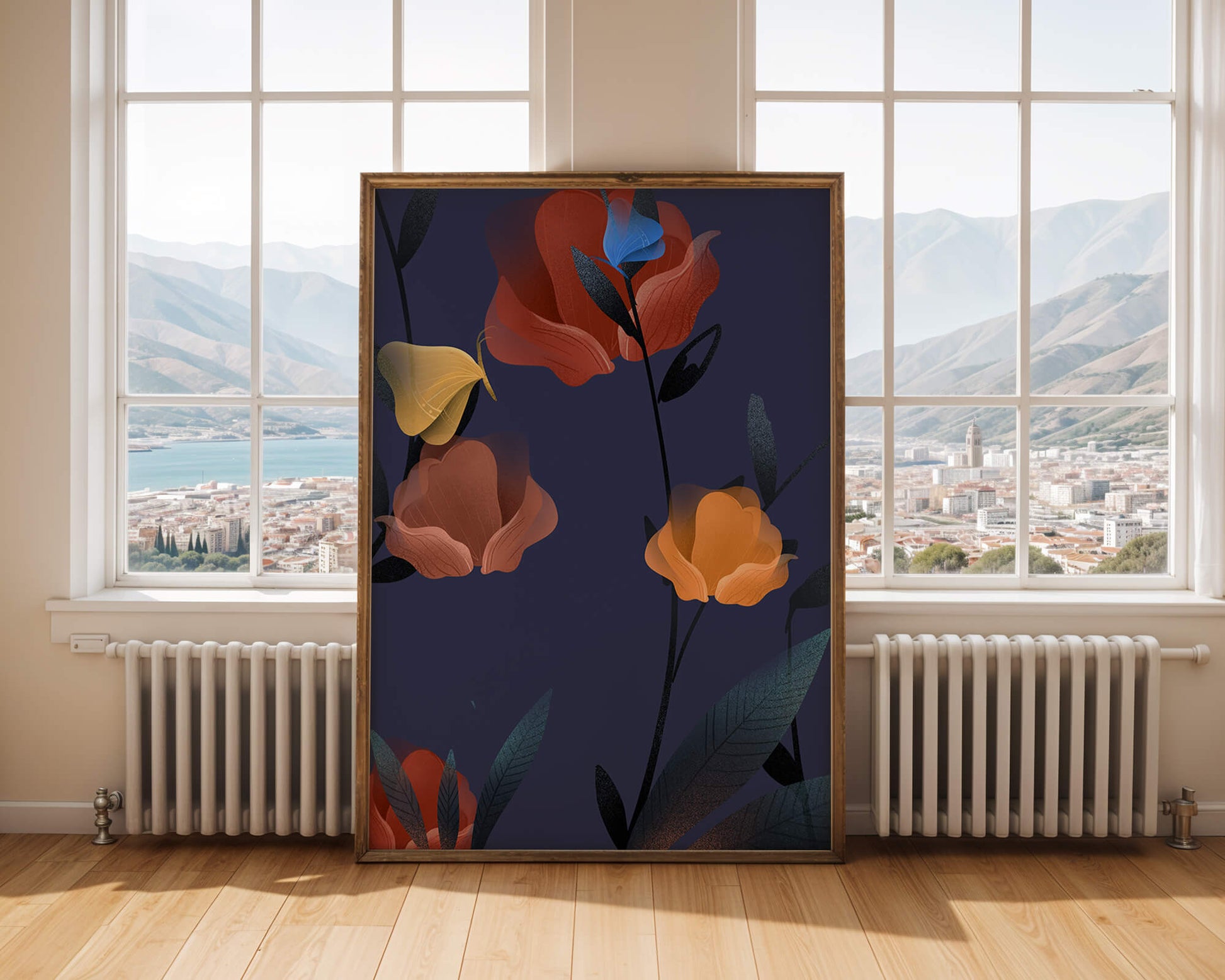 Abstract Floral Illustration with Colorful Flowers on Dark Background