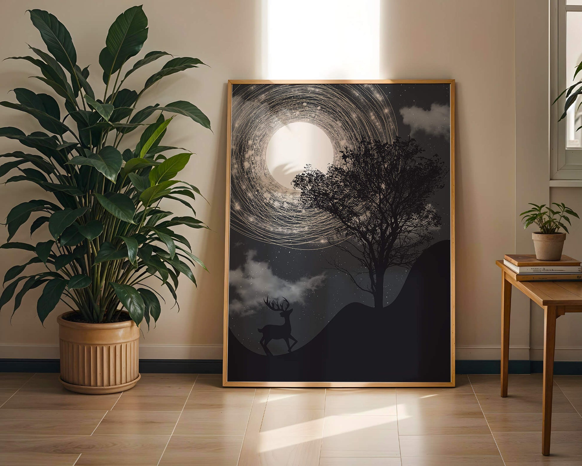 Enchanted night scene with deer silhouette and glowing moon