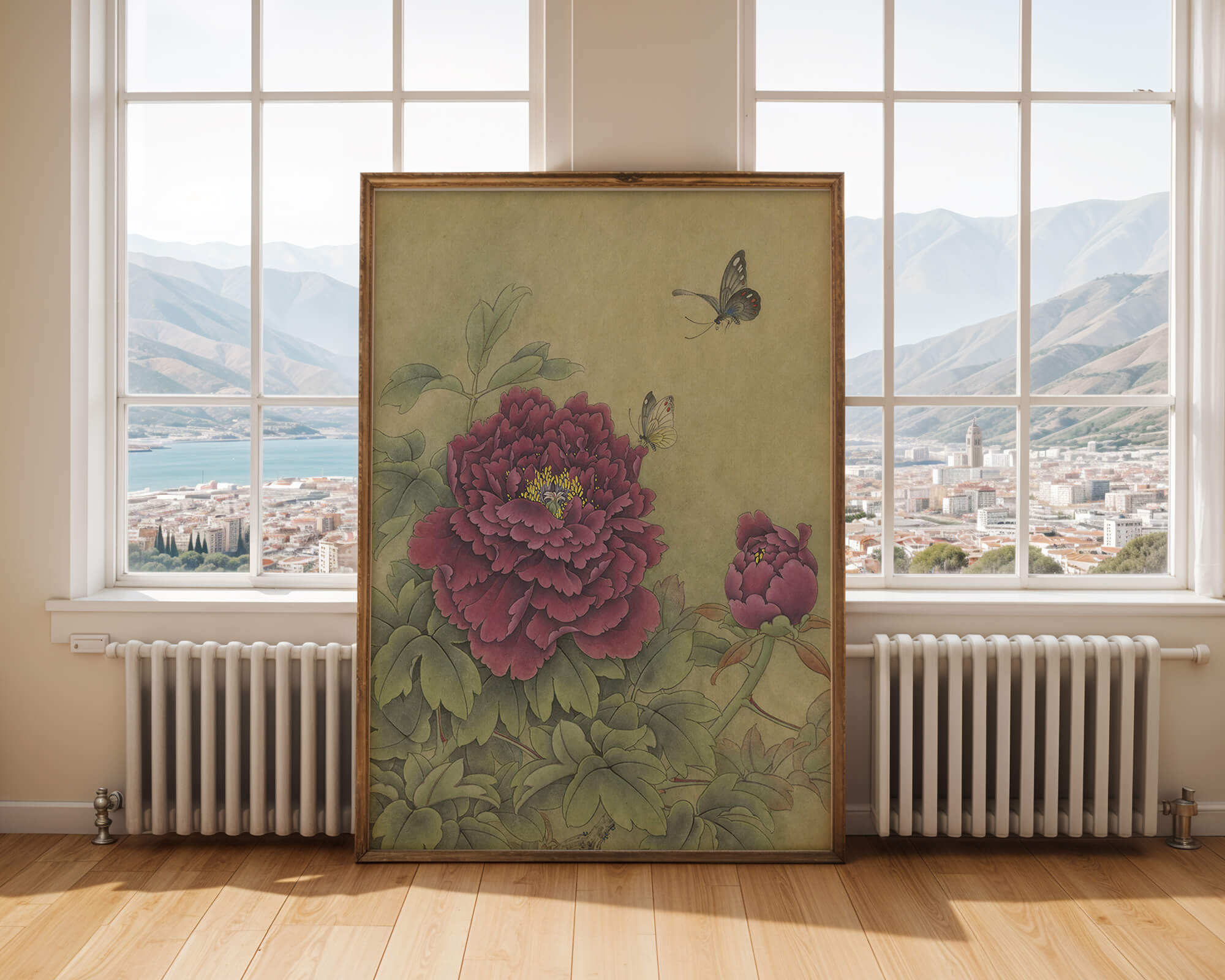 Delicate peonies with butterflies in a serene natural setting