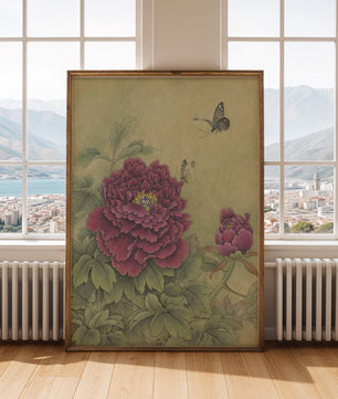 Delicate peonies with butterflies in a serene natural setting