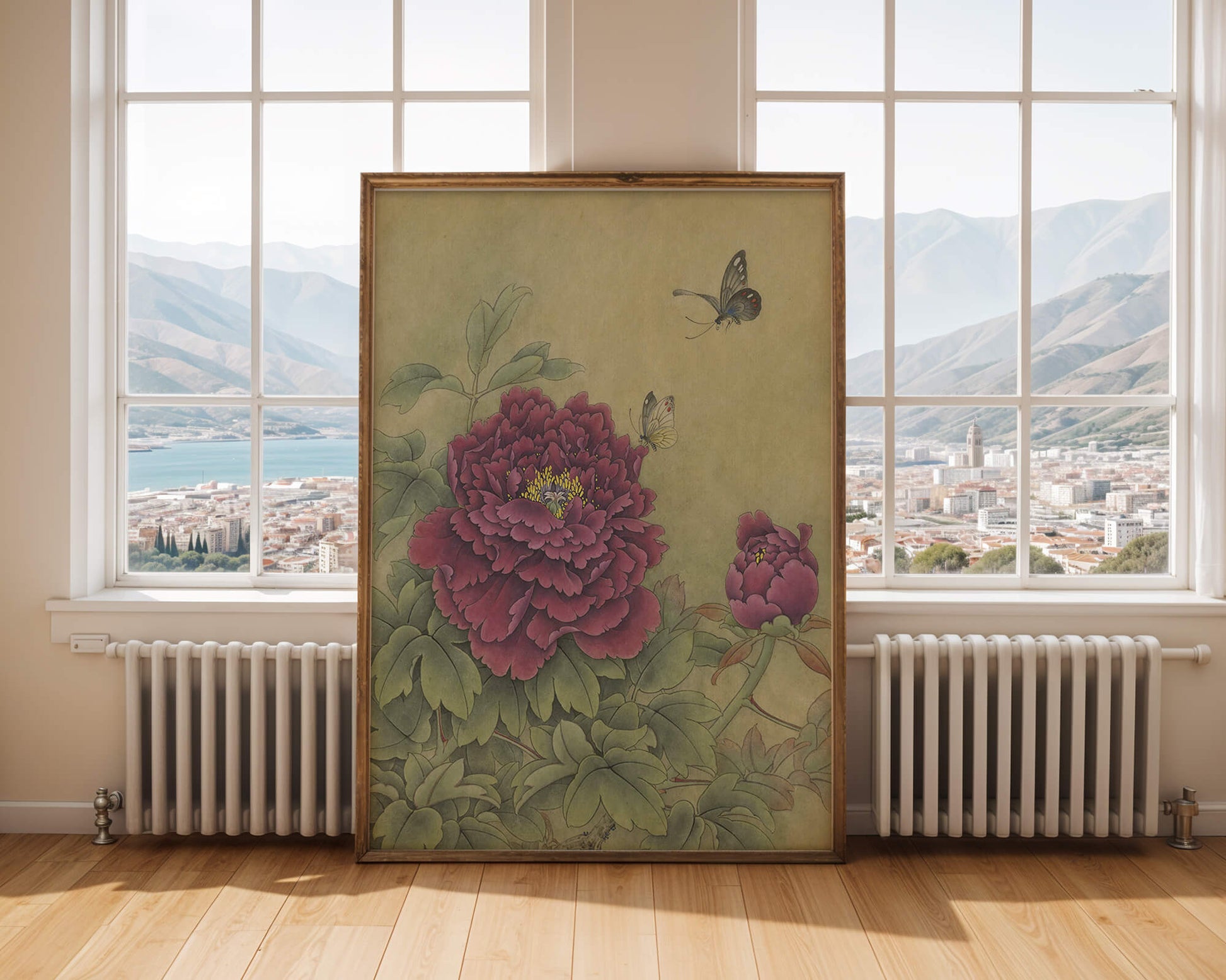 Delicate peonies with butterflies in a serene natural setting
