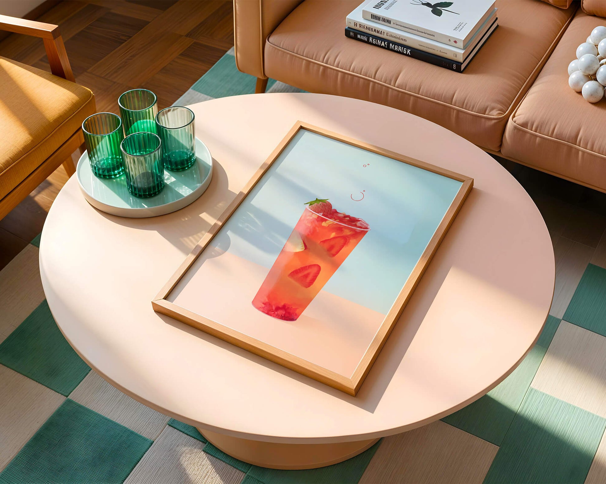 Refreshing strawberry drink with floating slices on pastel background