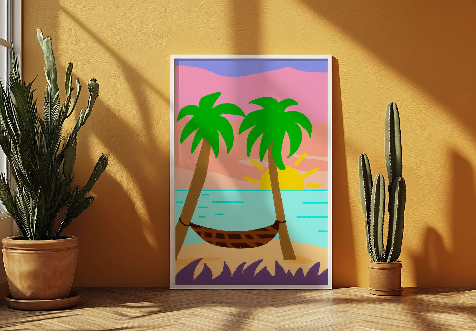 Tranquil beach scene with hammock and sunset