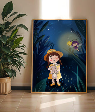 Ilustración de una chica en un bosque con una luciérnaga mágica por la noche