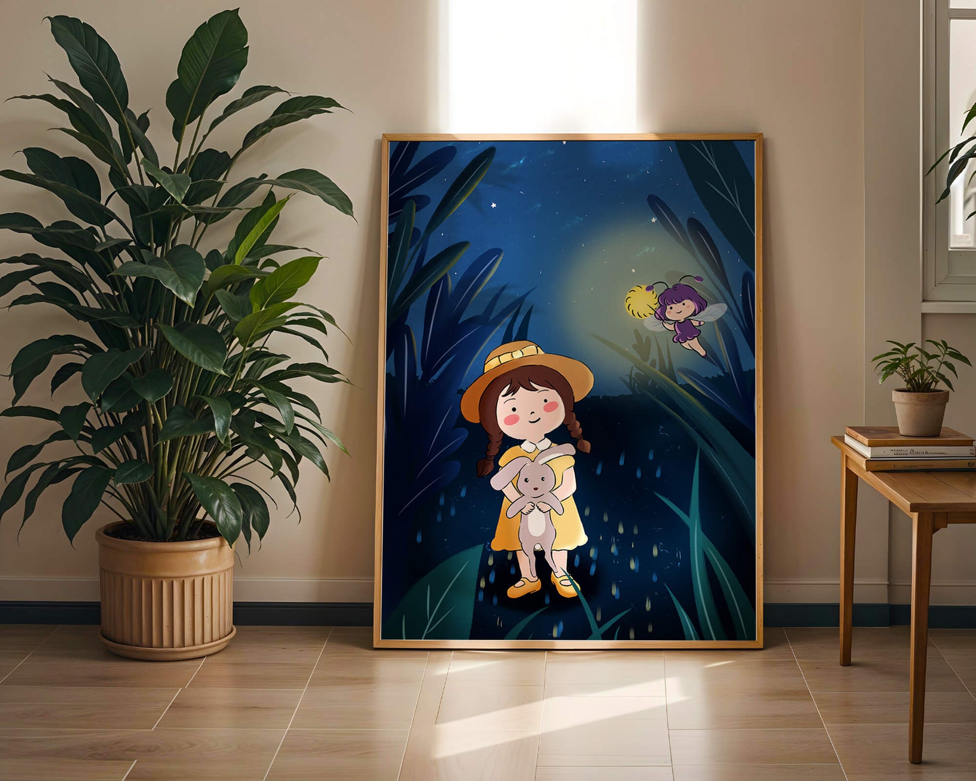 Ilustración de una chica en un bosque con una luciérnaga mágica por la noche