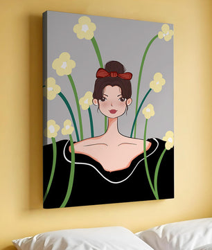 Ilustración de una mujer con fondo floral y lazo rojo