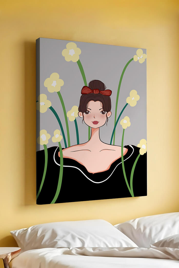 Illustration of a woman with floral background and red bow